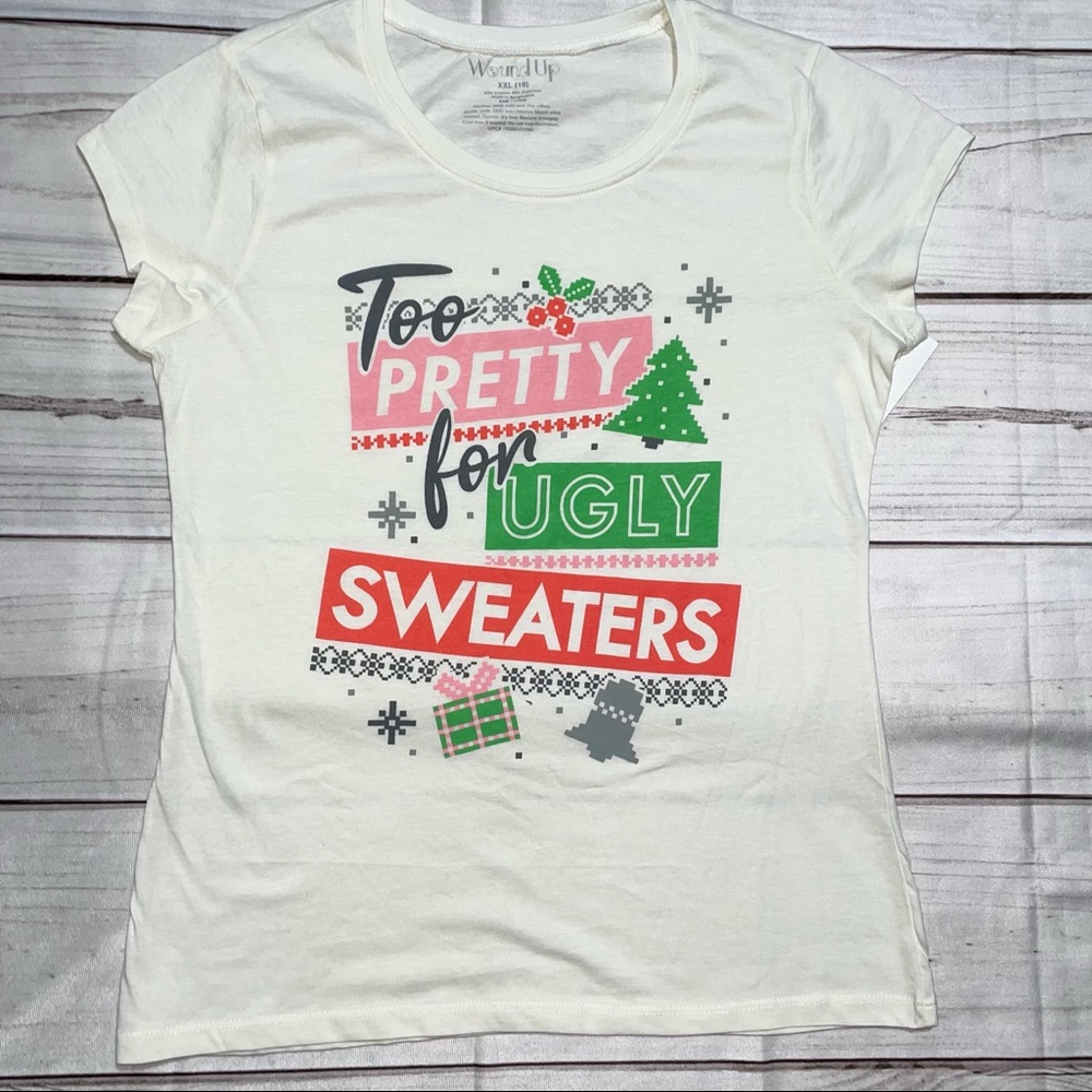 (XXL) 19 Junior Women T-shirt Wound Up Xmas Off white Short Sleeve